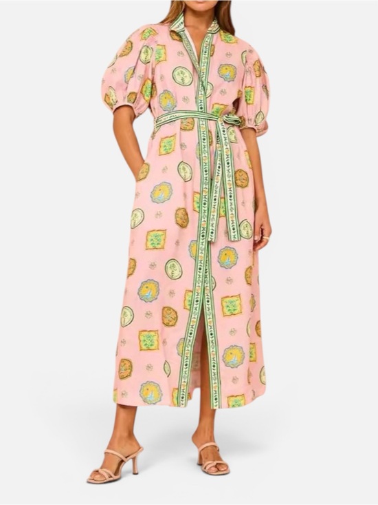 Rosa Clothing Dresses & Skirts - Pink Mediterranean Print Midi Dress NWT Size Small Short Sleeve Belted Resort